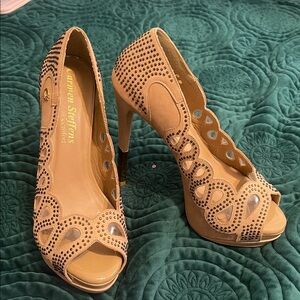 1. Carmen Stevens Tan Peep-Toe Heels